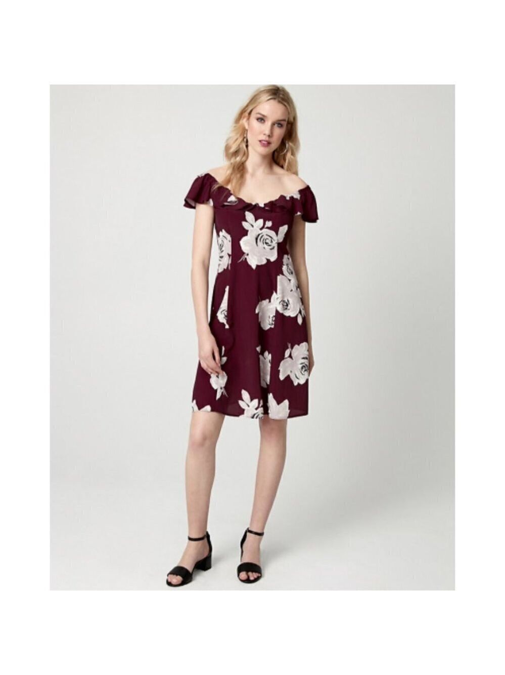Women Le Chateau Floral Print Viscose Off-the-Shoulder Dress Bordeaux XXL